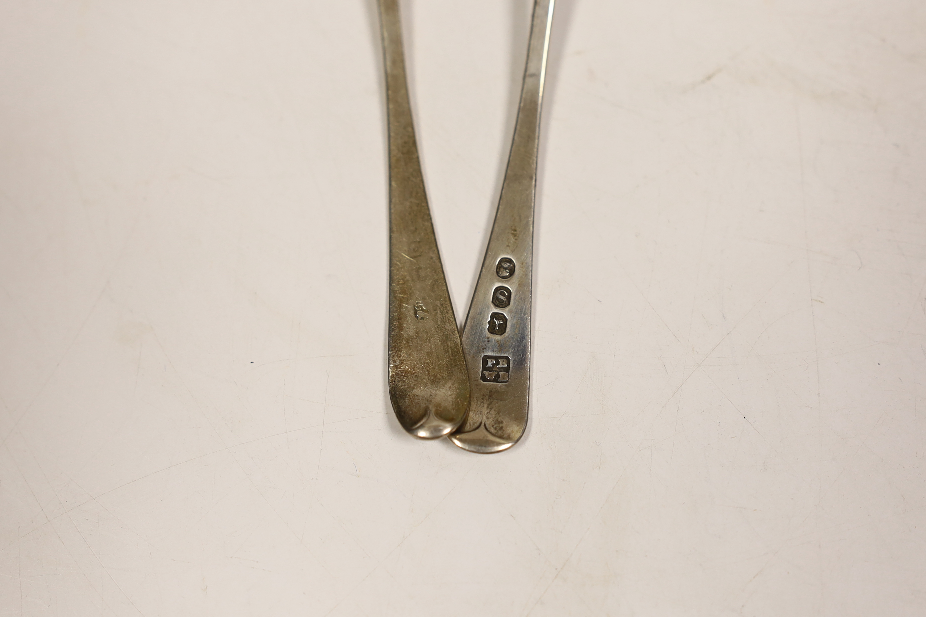 Six George III silver teaspoons by Hester Bateman, all different except one pair, London, 1787, together with a cased set of six George III silver Old English pattern teaspoons by Peter & William Bateman, London, 1813.